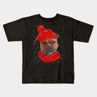 Staffordshire Bull Terriers Wearing Red Hat Christmas Kids T-Shirt